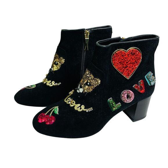 KATE SPADE Boots Liverpool Suede Ankle Love Cat Meow Cherry Sequin Embellished - Picture 1 of 11